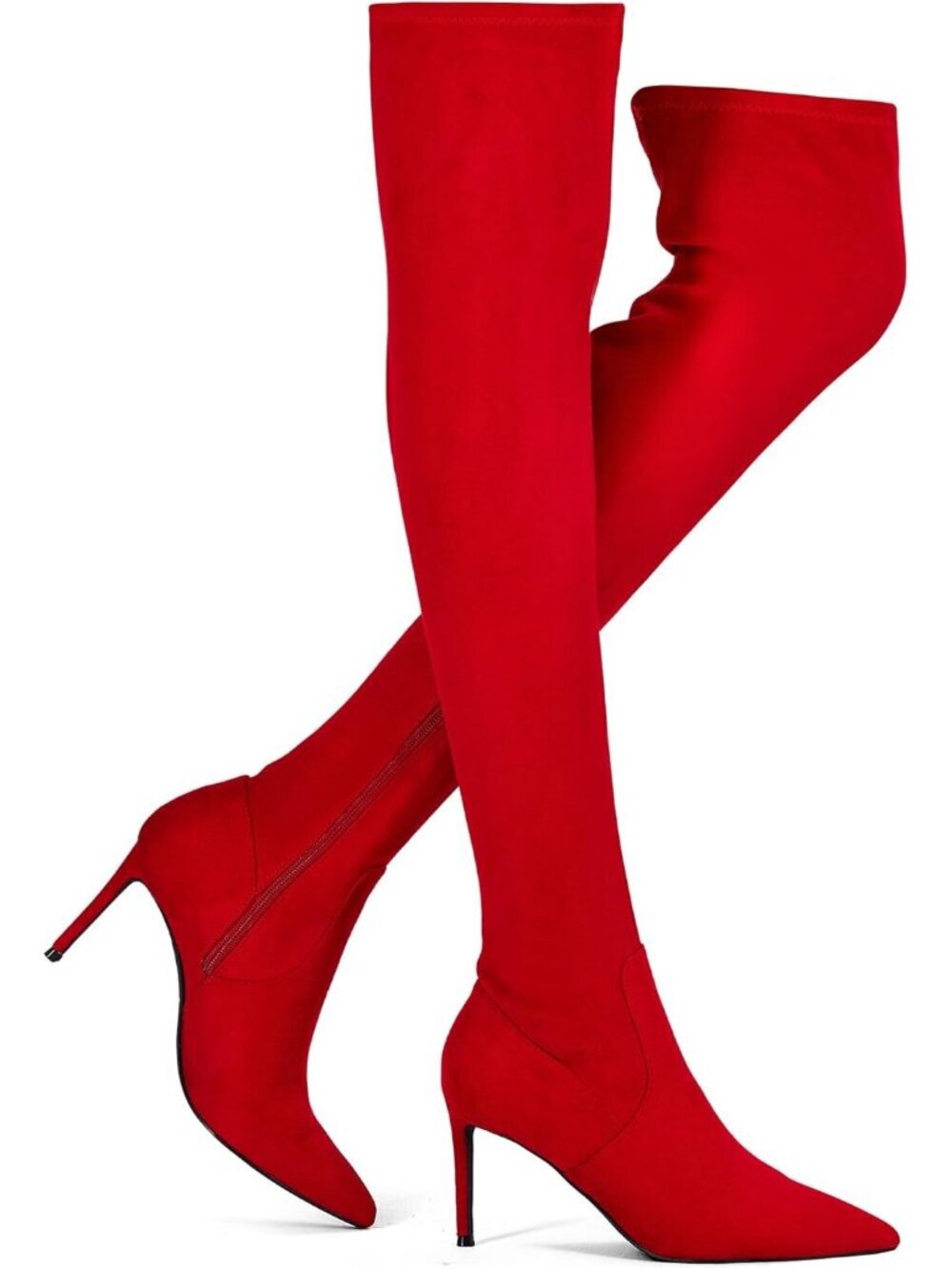 Women's Red Synthetic Rubber Stretch Suede Long Pointed Toe Over the Knee Boot